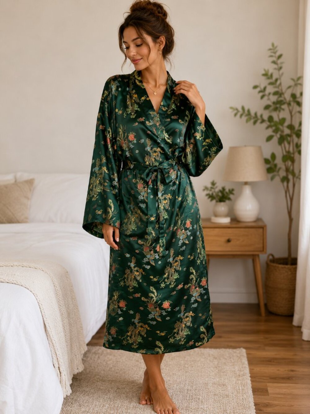 Emerald Green Floral Satin Wrap Coat Kimono